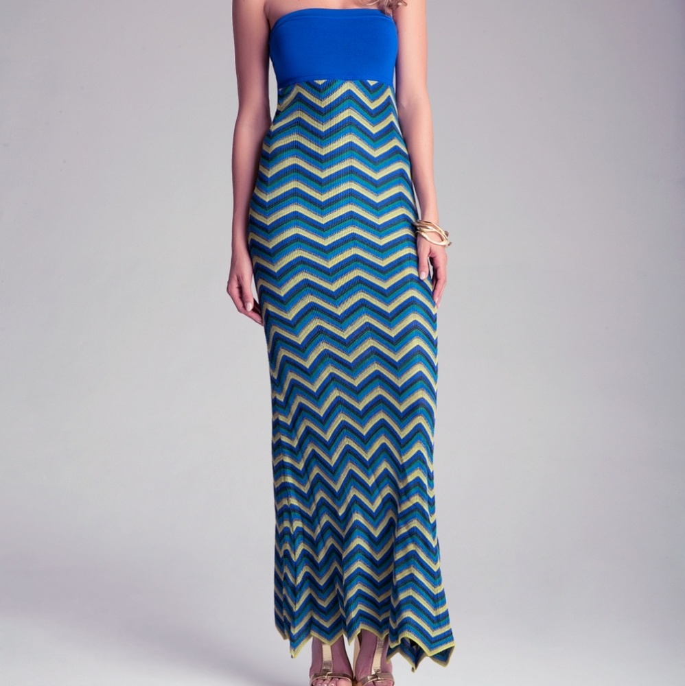 Bebe strapless blue w/ green & yellow maxi dress